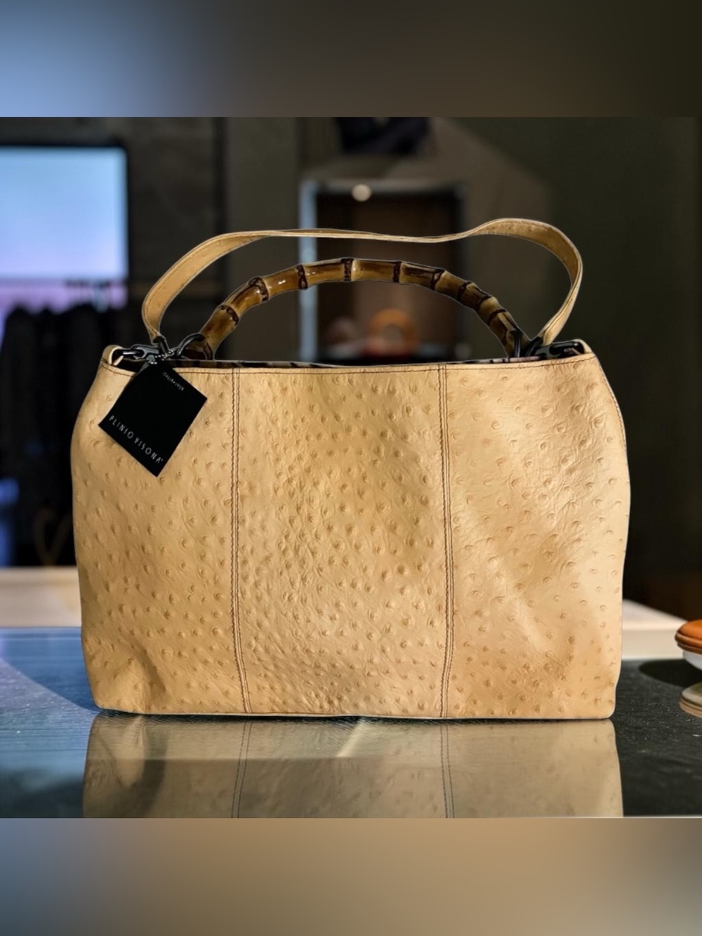 NWT PLINIO VISONA OSTRICH EMBOSSED ITALIAN LEATHER SHOULDER TOTE  BAMBOO HANDLE
